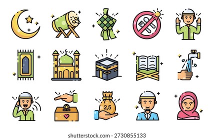 Icono de línea llena de Ramadán y Eid Al Fitr con coloridos símbolos islámicos