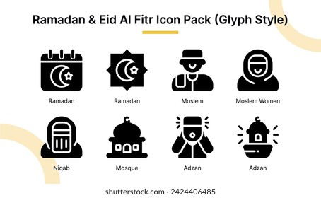 Ramadan und Eid Al Fitr Icon Set in Glyph Style Geeignet für Web- und App-Icon, Präsentation, Poster etc.