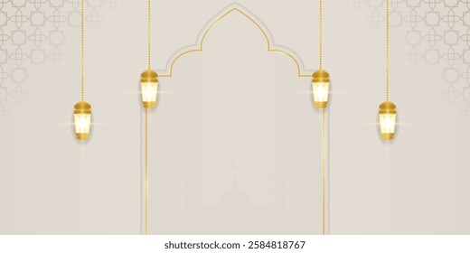 Ramadan and Eid Al-Adha on white background Islamic template with golden lamp