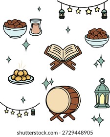 Elementos decorativos Ramadã e Eid Al-Fitr com Alcorão, datas e lanterna