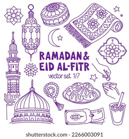 Ramadan and Eid Al-Fitr hand drawn vector illustrations set. Muslim holiday's symbols - lantern, mosque, prayer beads, prayer rug. Outline stroke is not expanded, stroke weight is editable.