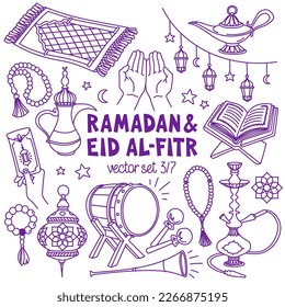 Ramadan and Eid Al-Fitr hand drawn vector illustrations set. Muslim holiday's symbols - fanous lanterns, prayer beads, prayer mat. Outline stroke is not expanded, stroke weight is editable.