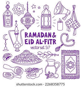 Ramadan and Eid Al-Fitr hand drawn vector illustrations set. Muslim holiday's symbols - fanous, prayer beads, food and drinks, prayer mat. Outline stroke is not expanded, stroke weight is editable.