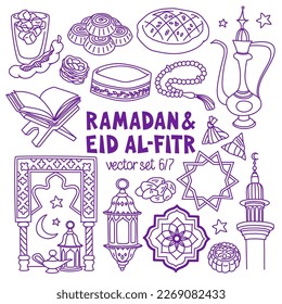 Ramadan and Eid Al-Fitr hand drawn vector illustrations set. Muslim holiday's symbols - lanterns, prayer beads, food and drinks, arabesque. Outline stroke is not expanded, stroke weight is editable.