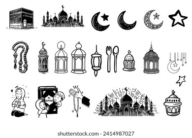 Ramadan and Eid Al-Fitr hand drawn vector illustrations set. Muslim holiday's symbols - fanous, prayer beads, decorative, food and drinks, prayer mat. Outline vector illustration