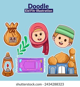 Conjunto de ilustraciones vectoriales dibujadas a mano de Ramadán y Eid Al-Fitr. Símbolos de la festividad musulmana - linternas, cuentas de oración, mezquita, ketupat, arabesco. El contorno del trazo no se expande, el grosor del trazo es editable.