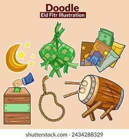 Ramadan und Eid Al-Fitr Hand gezeichnete Vektor-Illustrationen Set. Symbole des muslimischen Feiertags - Laternen, Gebetsperlen, Moschee, Ketupat, Arabeske. Der Konturstrich wird nicht erweitert, die Konturstärke kann bearbeitet werden.