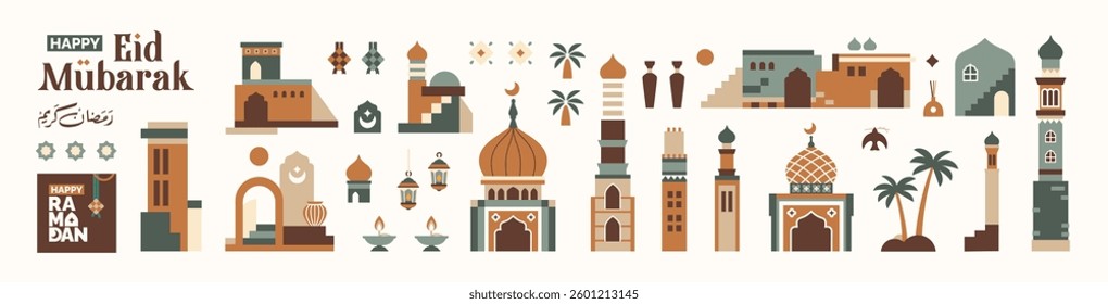 Ramadan and Eid al-Fitr icon collection set, mosque building illustrations, flowers, houses, towers and Islamic icons