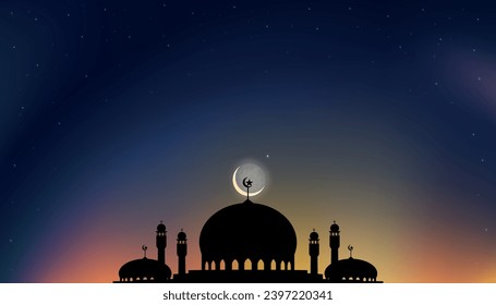 Ramadan Eid Hintergrund, Galaxy Sky Night mit Starry, Crescent Moon über Moschee Dome silhouette, Vektorfestivals Islamischer Symbolreligion Ramadan, Eid al-Adha, Eid al-fitr, Mubarak, Islamisches Neujahr Muharram