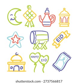 Ramadan and Eid Celebration Doodle Icons Collection with Traditional Islamic Elements