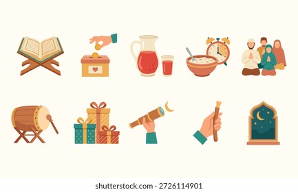 Ramadã e Eid Celebration Flat Design Icons Collection Apresentando Alcorão, Caridade, Refeição de sol, Família muçulmana, Bedug Drum, Presentes, Avistamento à Lua, Miswak e janela da mesquita