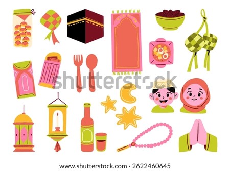 Ramadan Eid Celebration Icon Pack. A complete collection of flat style icons featuring ramadan food lanterns envelopes and muslim characters. Perfect for eid decoration and islamic themed content