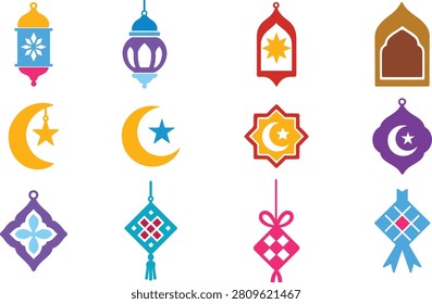 Ramadan and Eid decorative lantern crescent ketupat ornament flat paper cut decorations icon set