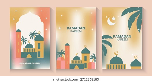 Fondo de tarjetas de felicitación de Ramadán y Eid con espacio de copia, Eid Al-Fitr Mubarak, Ramadán Kareem, Colección de fondo de felicitación de estilo islámico con adornos árabes en diseño moderno con forma geométrica.