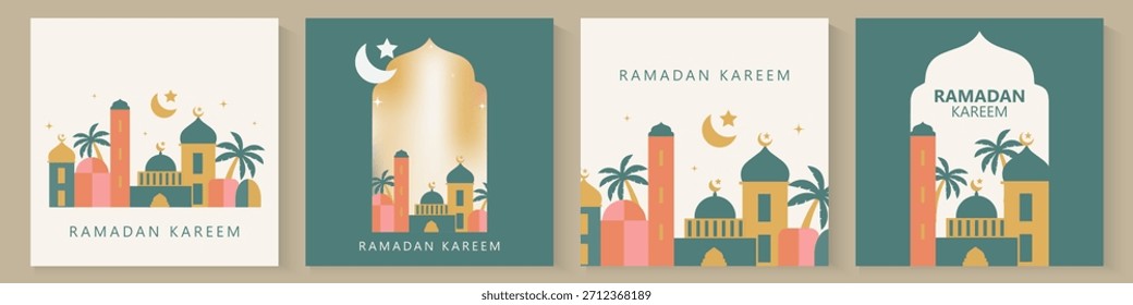 Fondo de tarjetas de felicitación de Ramadán y Eid con espacio de copia, Eid Al-Fitr Mubarak, Ramadán Kareem, Colección de fondo de felicitación de estilo islámico con adornos árabes en diseño moderno con forma geométrica.