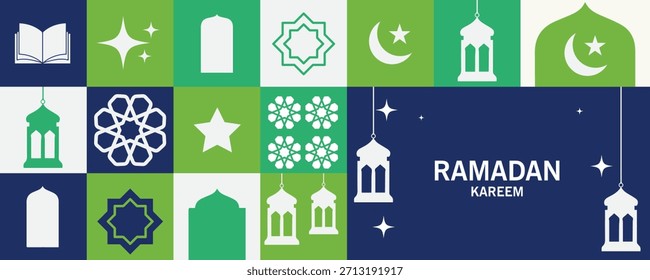 Fondo de tarjetas de felicitación de Ramadán y Eid con espacio de copia, Eid Al-Fitr Mubarak, Ramadán Kareem, Colección de fondo de felicitación de estilo islámico con adornos árabes en diseño moderno con forma geométrica.