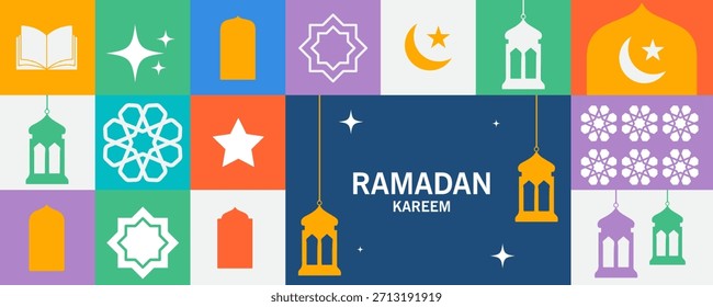 Fondo de tarjetas de felicitación de Ramadán y Eid con espacio de copia, Eid Al-Fitr Mubarak, Ramadán Kareem, Colección de fondo de felicitación de estilo islámico con adornos árabes en diseño moderno con forma geométrica.