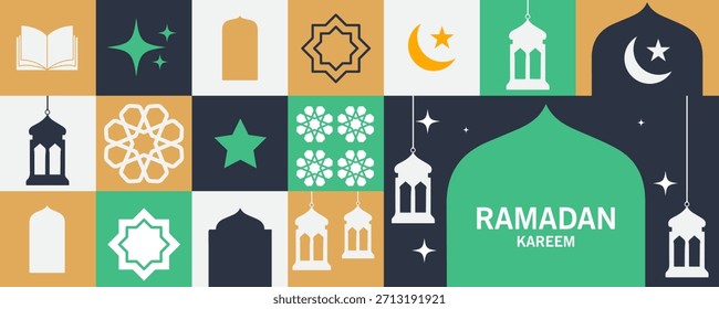 Fondo de tarjetas de felicitación de Ramadán y Eid con espacio de copia, Eid Al-Fitr Mubarak, Ramadán Kareem, Colección de fondo de felicitación de estilo islámico con adornos árabes en diseño moderno con forma geométrica.