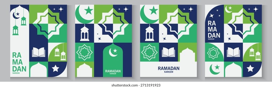 Fondo de tarjetas de felicitación de Ramadán y Eid con espacio de copia, Eid Al-Fitr Mubarak, Ramadán Kareem, Colección de fondo de felicitación de estilo islámico con adornos árabes en diseño moderno con forma geométrica.