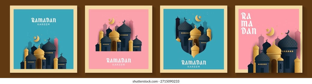 Fondo de tarjetas de felicitación de Ramadán y Eid con espacio de copia, Eid Al-Fitr Mubarak, Ramadán Kareem, Colección de fondo de felicitación de estilo islámico con adornos árabes en diseño moderno con forma geométrica.