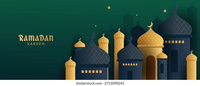 Fondo de tarjetas de felicitación de Ramadán y Eid con espacio de copia, Eid Al-Fitr Mubarak, Ramadán Kareem, Colección de fondo de felicitación de estilo islámico con adornos árabes en diseño moderno con forma geométrica.