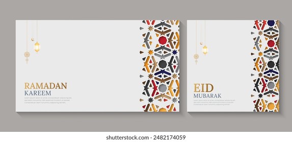 Ramadan and Eid greeting cards social media post with colorful ornamental Islamic pattern