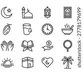 Ramadan and eid icons, crescent moon, mosque, lantern, prayer mat, dates, water, clock, soup, hands praying, quran, charity, kaaba.