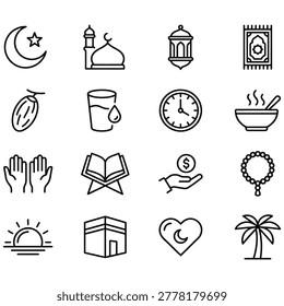 Ramadan and eid icons, crescent moon, mosque, lantern, prayer mat, dates, water, clock, soup, hands praying, quran, charity, kaaba.