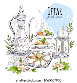 Ramadan Eid Iftar party food menu. Hand drawn Arabic elements, sweets, lantern vector design on white background for card, invitation, poster, banner.