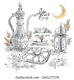 Ramadan Eid Iftar party food menu. Arabic elements, sweets, lantern vector design drawn in black and white style background for holiday greeting card, 
 celebration invitation, poster, sale banner.