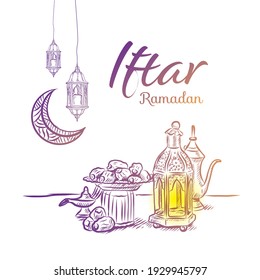 Ramadan Eid Iftar party food menu. Hand drawn Arabic elements, sweets, lantern vector design on white background.