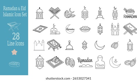 Ramadan and Eid Islamic Icon Set in Black and White with Mosque Lanterns Crescent Moon and Dates