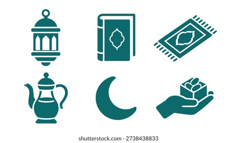 Ramadan and Eid Islamic icons set featuring crescent moon, lantern, Quran, prayer rug, dates and tea Pot
