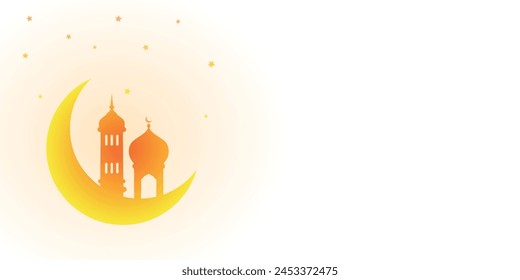 Ramadan and Eid, Islamic religious festival celebration, crescent moon and mosque, Muslim holy month, white and golden yellow background design, copy space for text