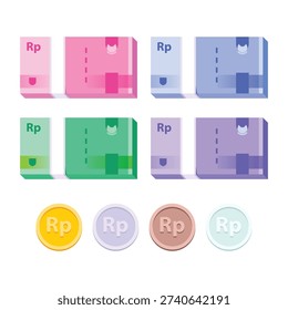 Ramadan Eid Mubarak banknotes and coins for the Eid al-Fitr holiday allowance (THR) in rupiah denominations of one hundred thousand, fifty thousand, twenty thousand, and ten thousand rupiah, as well as coins made from a mixture of gold, silver, iron, and bronze. Simple, flat-style vector illustrations.