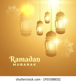 Ramadan oder Eid Mubarak Banner Design mit goldenem Hintergrund und leuchtenden Ornamenten.