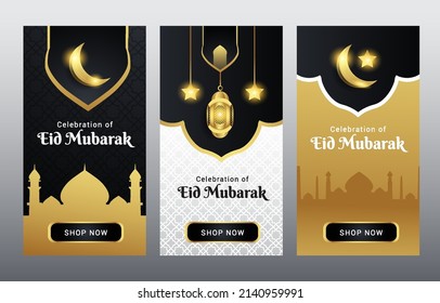 Ramadan Eid Mubarak Banner Greeting Collections for social media template with black and gold Ornament