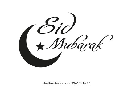 Ramadán, Eid Mubarak, Negro manuscrito con la luna y la estrella. Ilustración de vectores de bienvenida sobre fondo blanco y negro