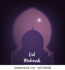 Ramadan. Eid Mubarak card. Illustration with mosque and glowing star