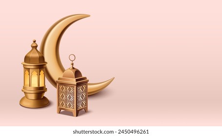 Ramadan or Eid Mubarak congratulation banner with traditional golden lantern and crescent moon on pastel pink background with copy space. Realistic vector illustration of oriental festival lamp.