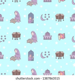 Ramadan and eid mubarak doodles, cartoon, villages, mosque, rug, women, girl, quran, prayer