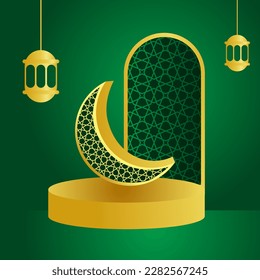Ramadan or eid mubarak elements, with moon and podium and doors, golden colored lanterns. Islamic ornament. Used for Ramadan and Eid al-Fitr theme designs or other Islamic events.