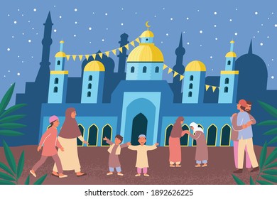 Ramadan eid mubarak flat composition with decorated temple background and muslim people characters of different age vector illustration