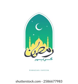 Ramadan and Eid mubarak green concept with calligraphy, camel, mosque, and moon. suitable for islamic greeting banner
