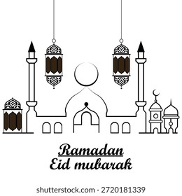Tarjeta de felicitación de Ramadán Eid Mubarak con mezquita y linternas