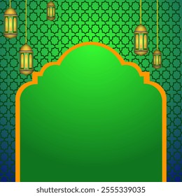 Ramadan or Eid Mubarak Greeting Template with Islamic green background with mosque and lantern pattern