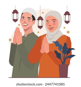 Ramadan Eid Mubarak Grüße Muslim Mann Frau Illustration