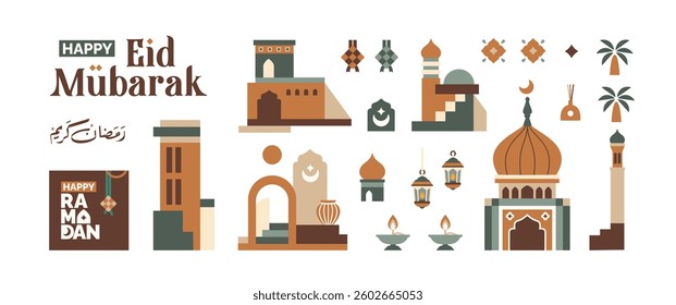 Ramadan and Eid mubarak icon collection set, mosque building illustrations, flowers, houses, towers and Islamic icons