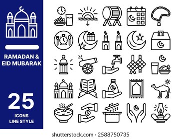 Ramadan and eid mubarak icon set line style