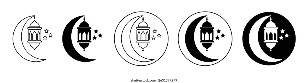 Ramadan eid mubarak islamic crescent moon with hanging lantern icon silhouette simple design. celebrating ramadan or eid al-fitr.  